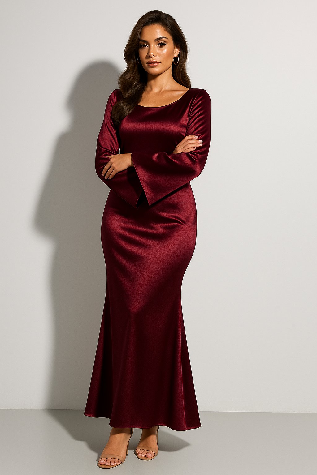Dames Satin Lange Mouwen Trompet Maxi Jurk - Dark Red