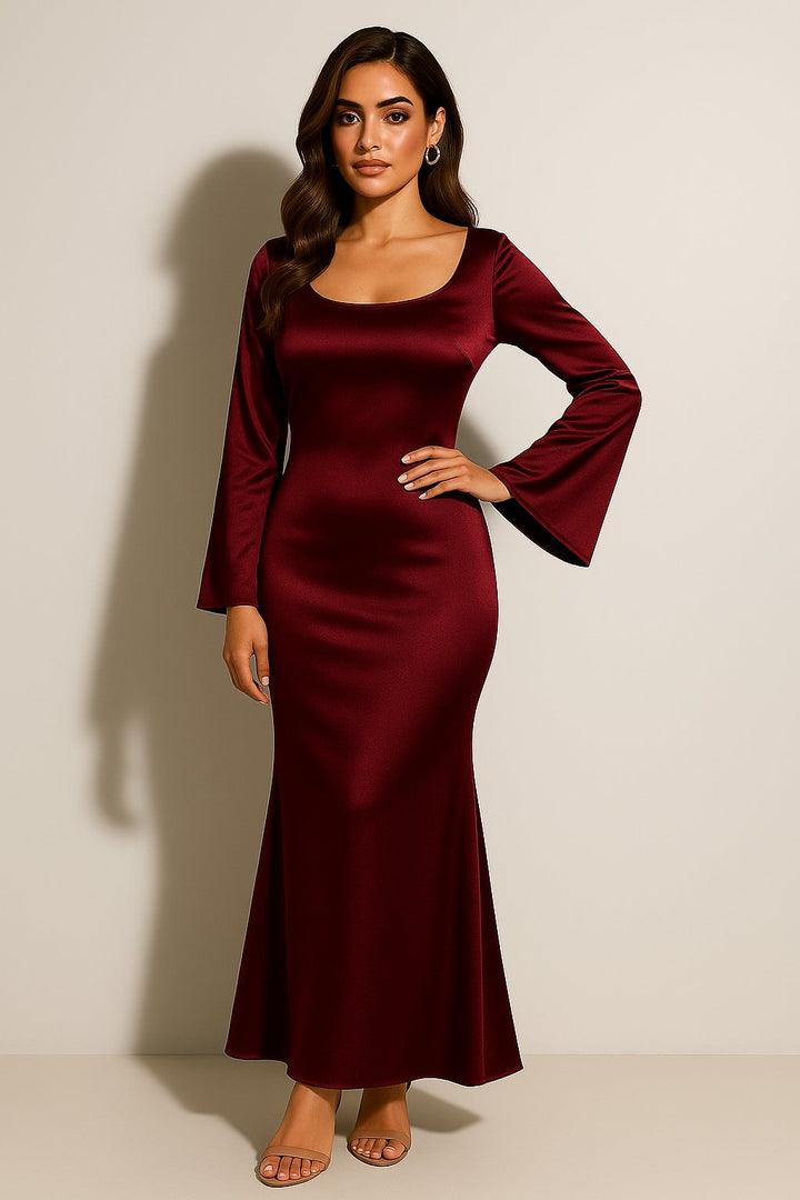 Dames Satin Lange Mouwen Trompet Maxi Jurk
