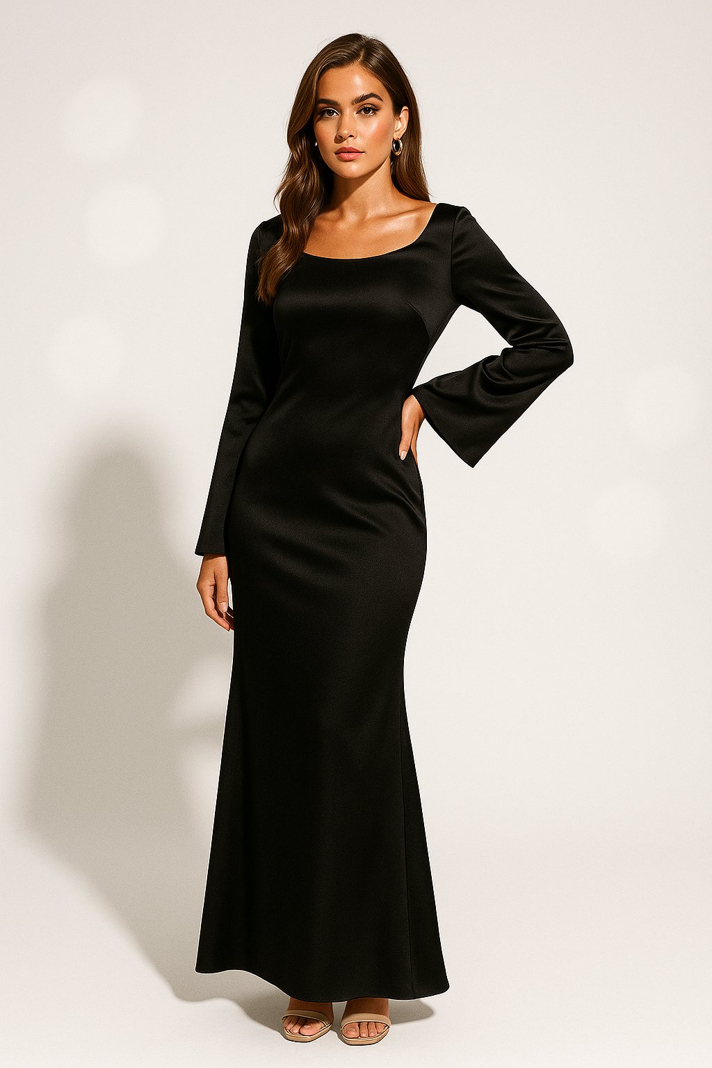 Dames Satin Lange Mouwen Trompet Maxi Jurk - Black