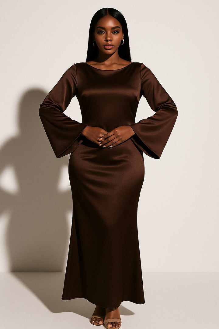 Dames Satin Lange Mouwen Trompet Maxi Jurk - Dark Brown