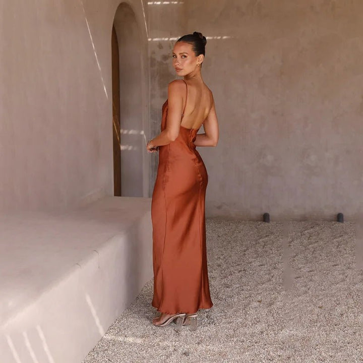 Dames Satin Maxi-Jurk Rugdecolleté Split Figuurvolgend