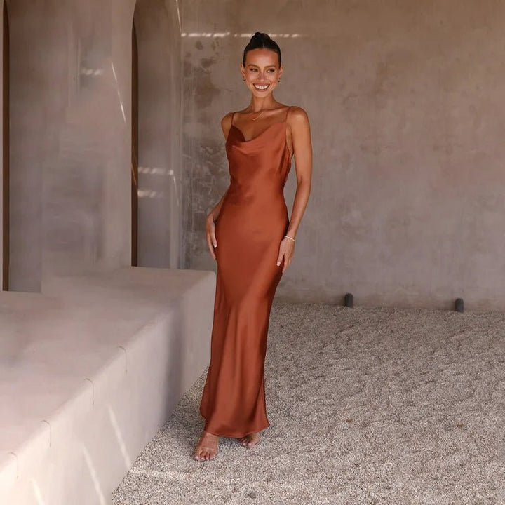 Dames Satin Maxi-Jurk Rugdecolleté Split Figuurvolgend