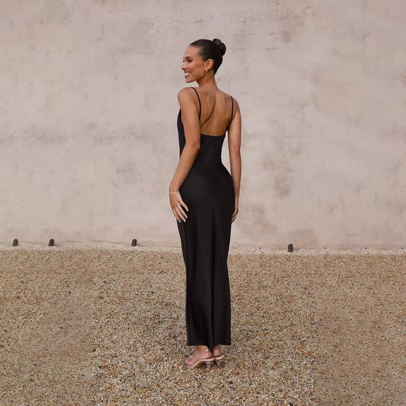 Dames Satin Maxi-Jurk Rugdecolleté Split Figuurvolgend