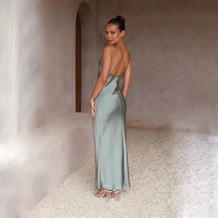 Dames Satin Maxi-Jurk Rugdecolleté Split Figuurvolgend
