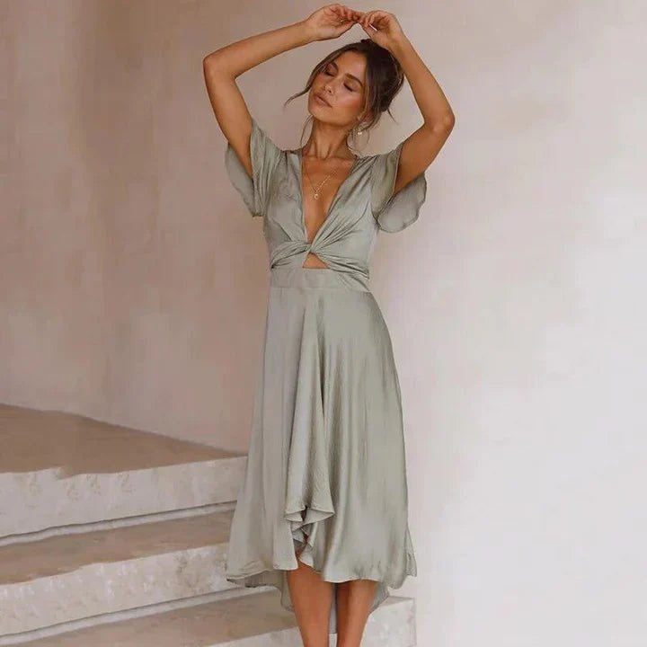 Dames Satin Midi-jurk Diepe V-hals Vlindermouwen - Olive
