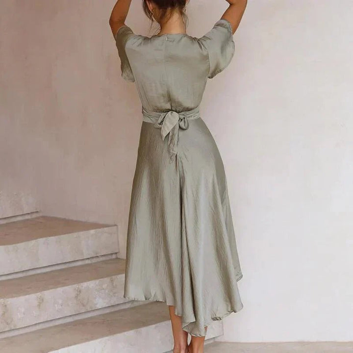Dames Satin Midi-jurk Diepe V-hals Vlindermouwen