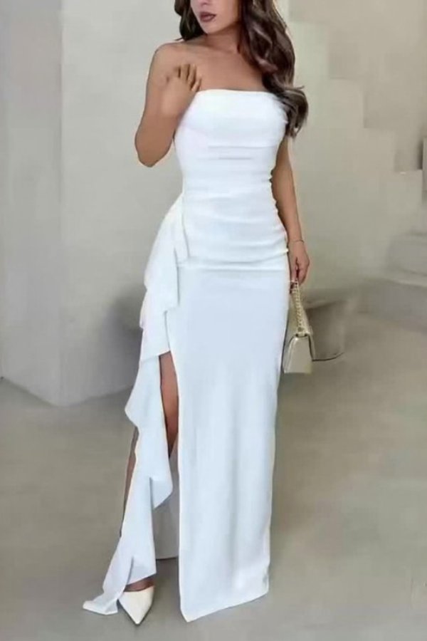 Dames Satin Strapless Wikkel Maxi-jurk - White