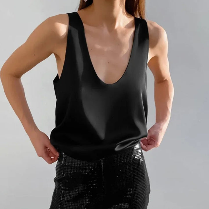 Dames Satin Tank Top met Diepe U-hals Relaxed Fit - Black