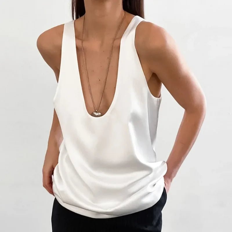 Dames Satin Tank Top met Diepe U-hals Relaxed Fit
