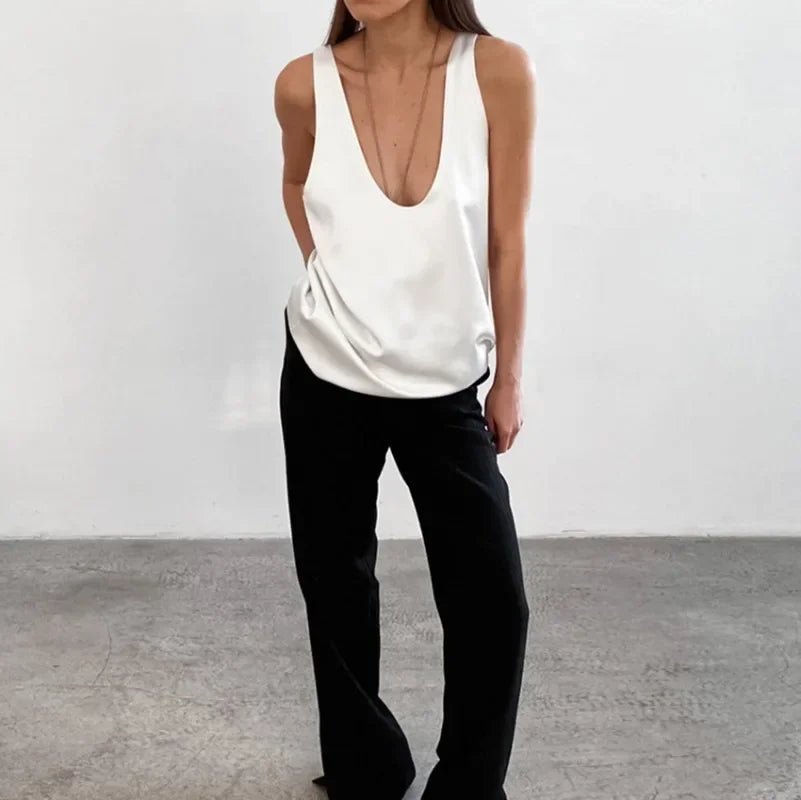 Dames Satin Tank Top met Diepe U-hals Relaxed Fit