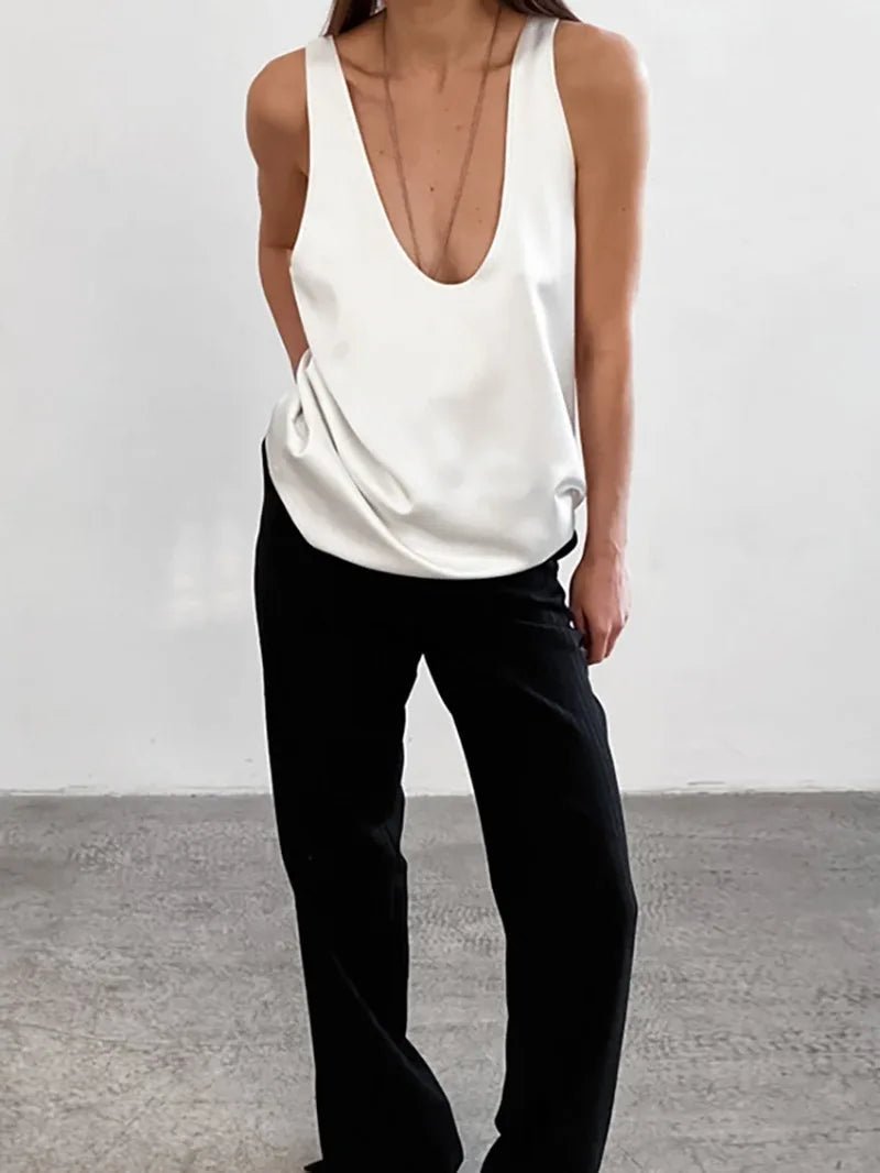 Dames Satin Tank Top met Diepe U-hals Relaxed Fit