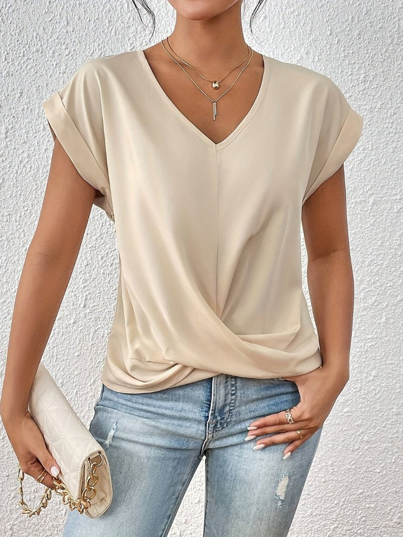Dames Satin V-Hals Twist-Front Korte Mouw Top - Beige