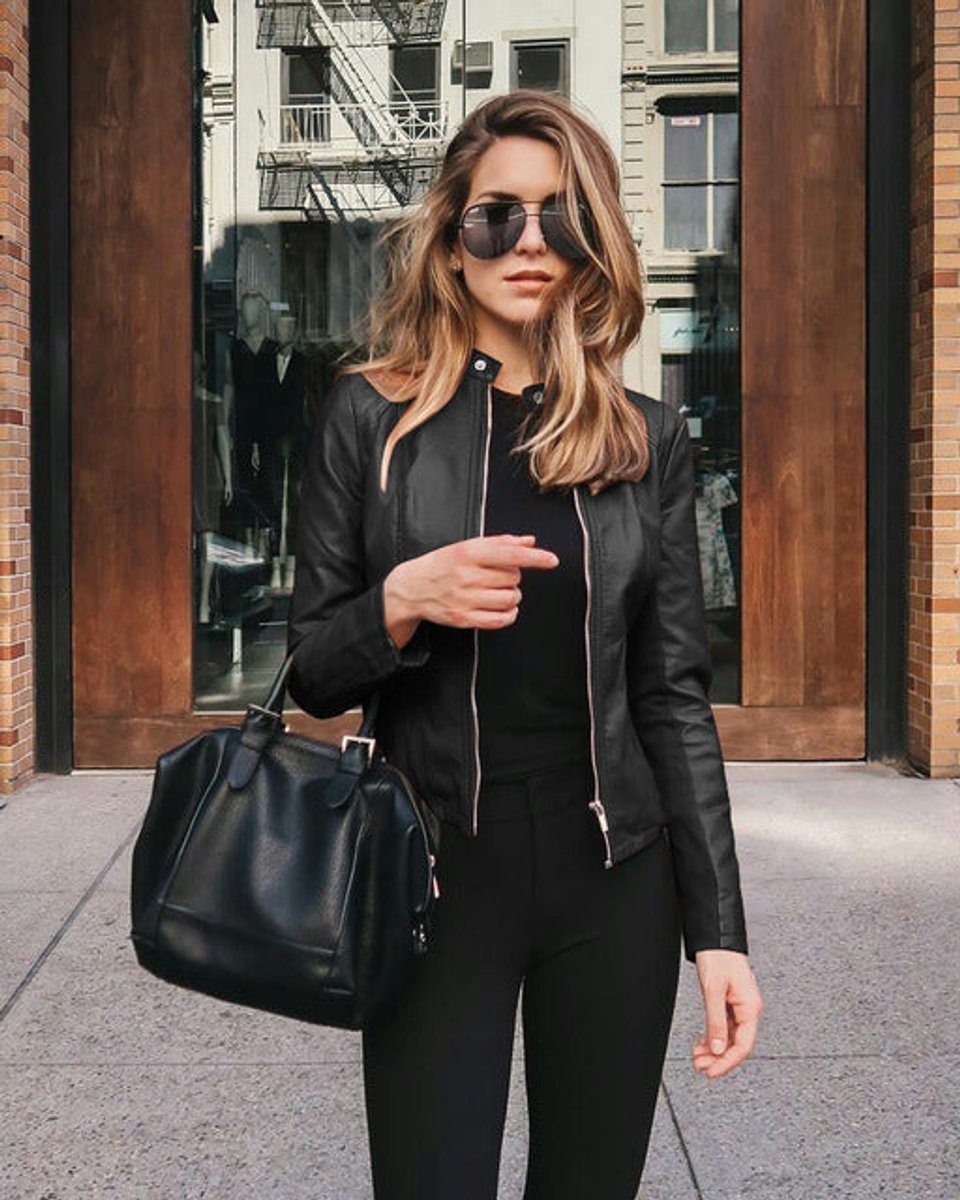Dames Slim-Fit Faux Leren Jas Rits Moto Biker Stijl - Zwart