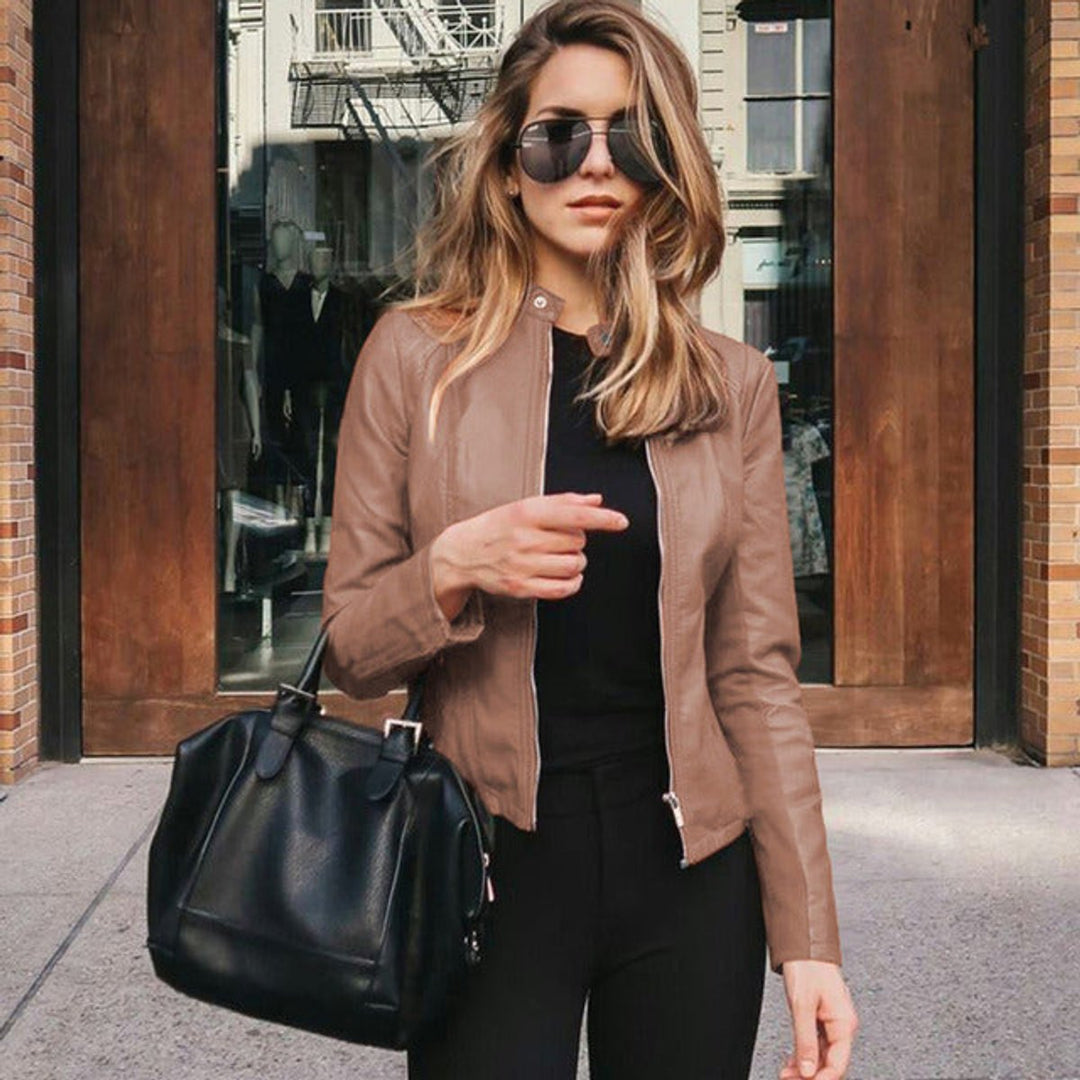 Dames Slim-Fit Faux Leren Jas Rits Moto Biker Stijl - Khaki