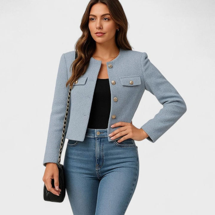 Dames Slim-Fit Knoop Blazer met Ronde Hals en Lange Mouwen