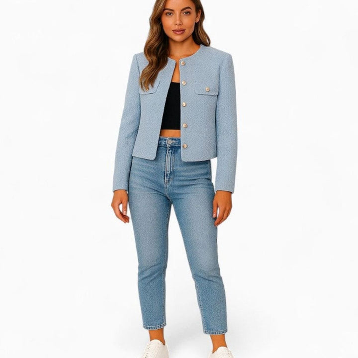 Dames Slim-Fit Knoop Blazer met Ronde Hals en Lange Mouwen
