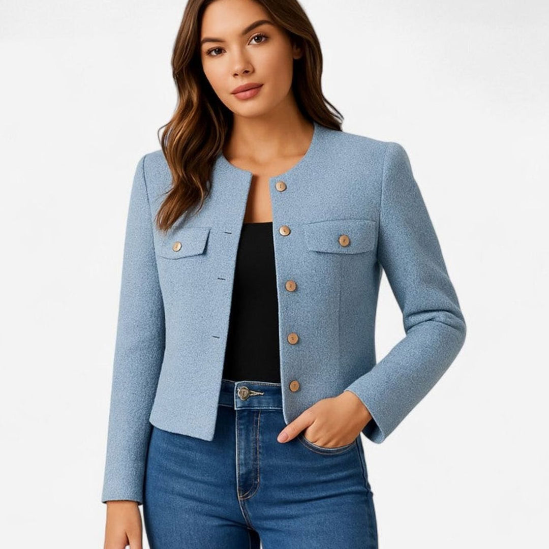 Dames Slim-Fit Knoopsluiting Blazer met Ronde Hals - Blauw