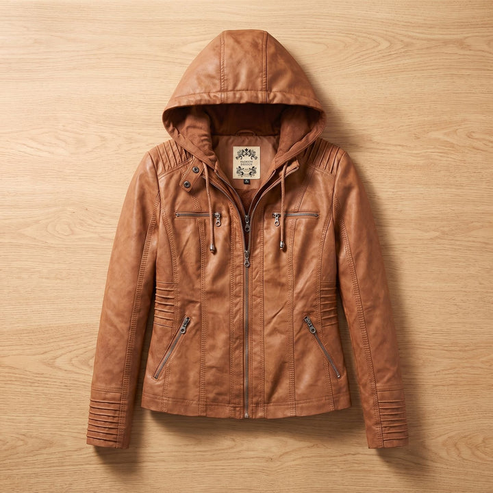 Dames Slim-Fit Leren Jas Met Afneembare Capuchon - Khaki