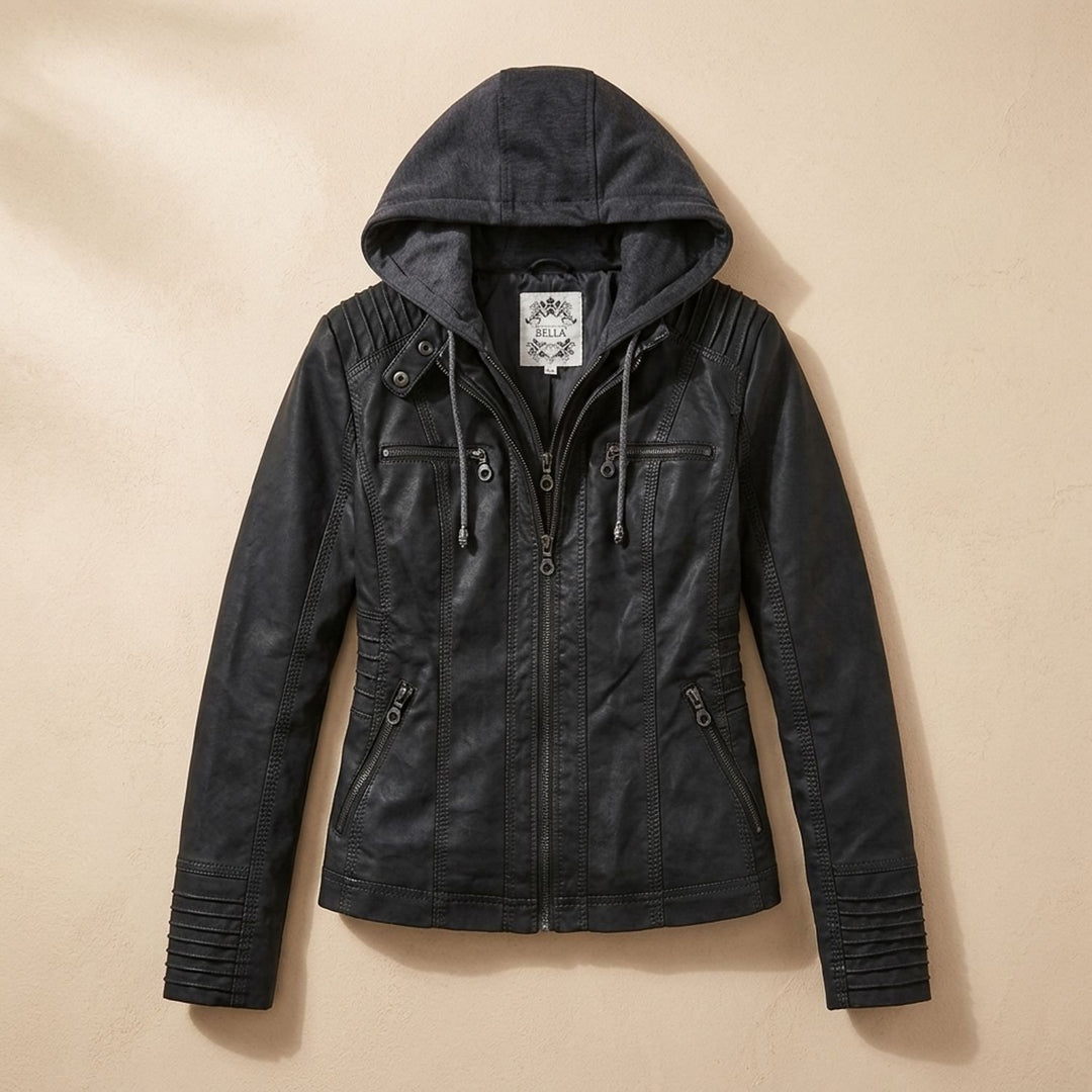 Dames Slim-Fit Leren Jas Met Afneembare Capuchon