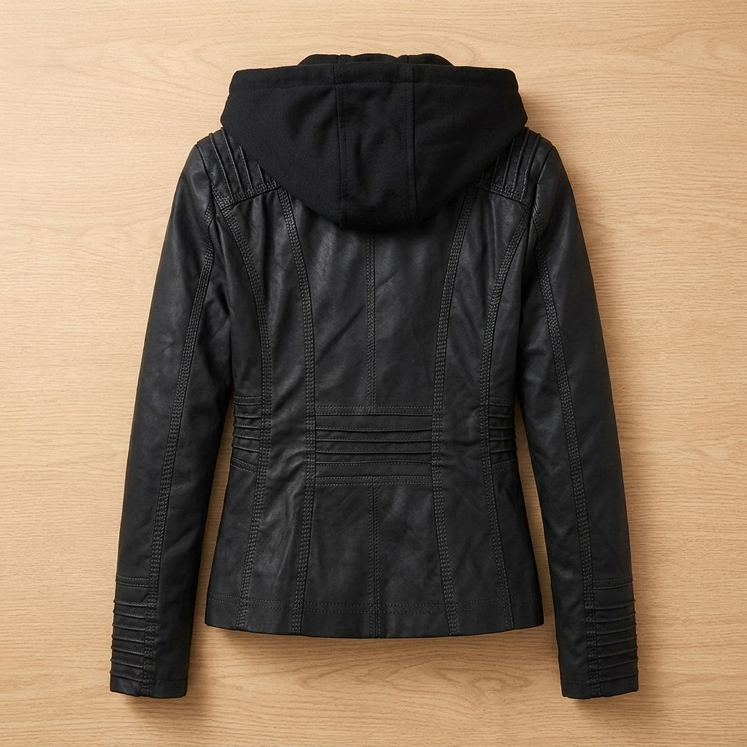 Dames Slim-Fit Leren Jas Met Afneembare Capuchon