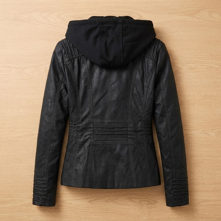 Dames Slim-Fit Leren Jas Met Afneembare Capuchon