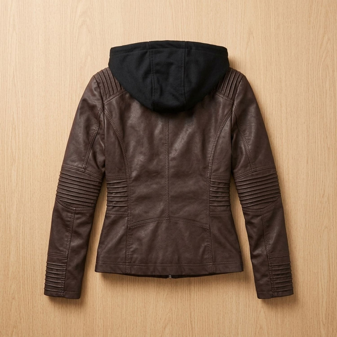 Dames Slim-Fit Leren Jas Met Afneembare Capuchon