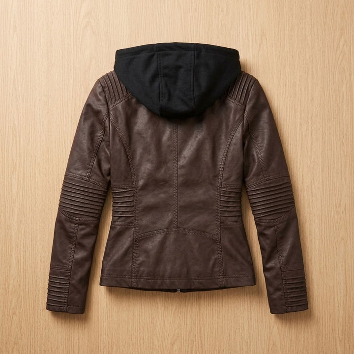 Dames Slim-Fit Leren Jas Met Afneembare Capuchon