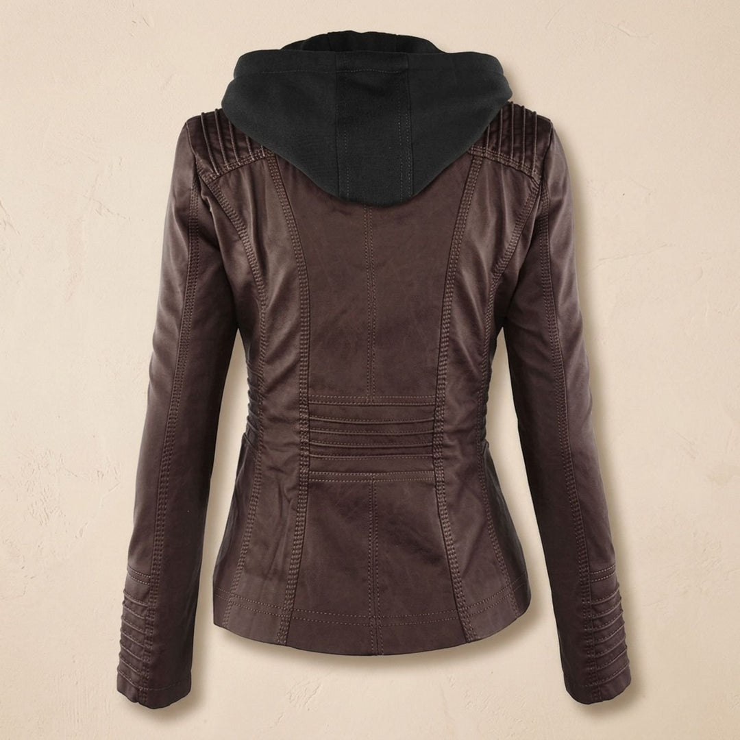 Dames Slim-Fit Leren Jas Met Afneembare Capuchon