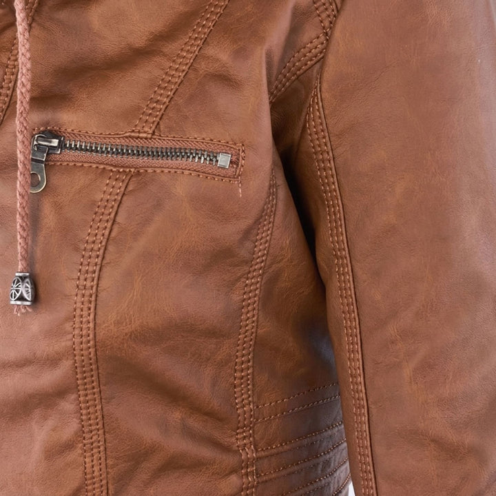 Dames Slim-Fit Leren Jas Met Afneembare Capuchon