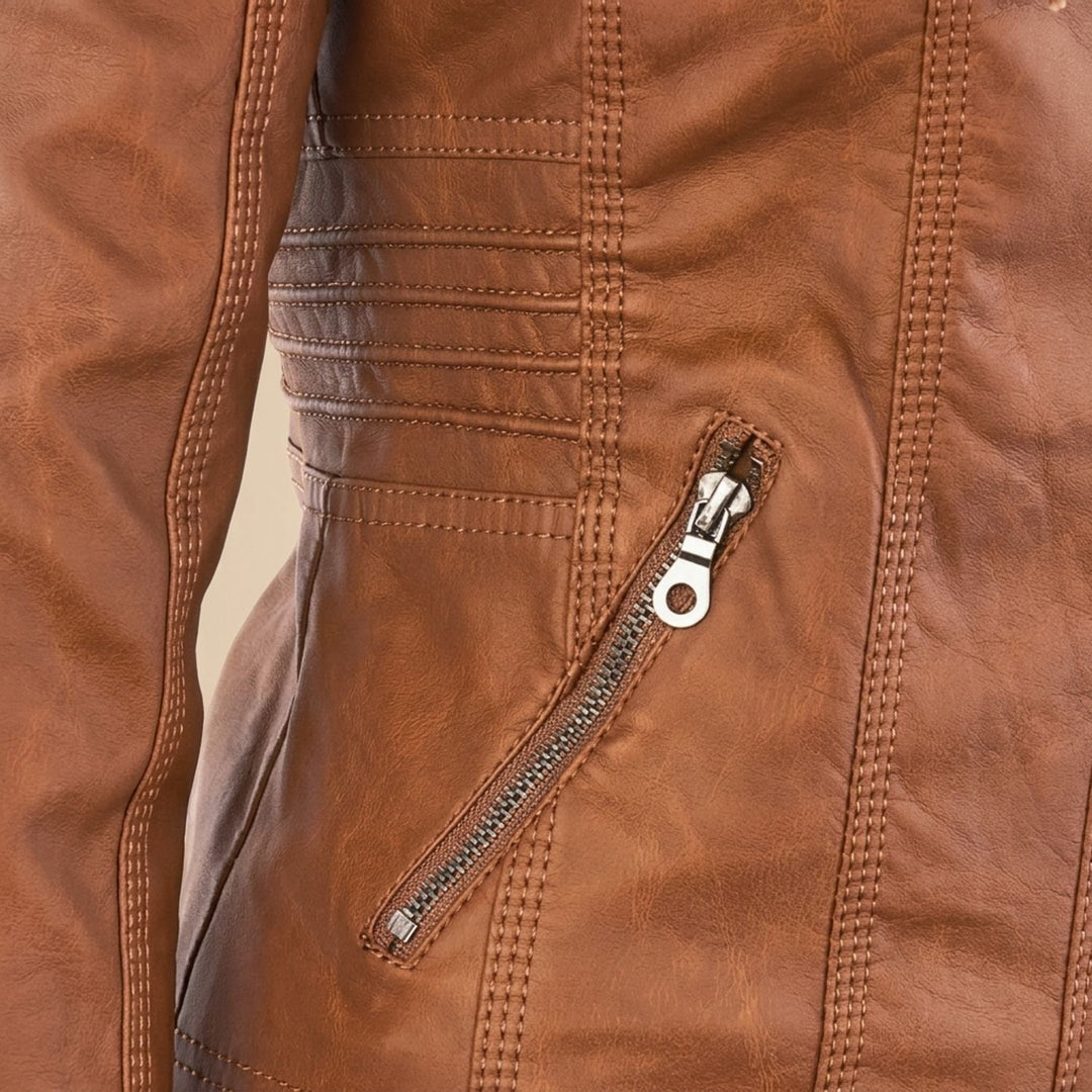 Dames Slim-Fit Leren Jas Met Afneembare Capuchon