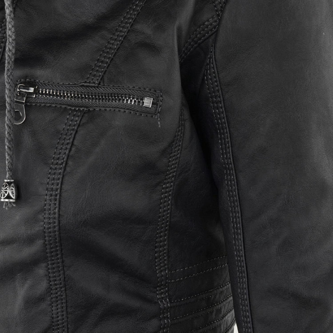 Dames Slim-Fit Leren Jas Met Afneembare Capuchon
