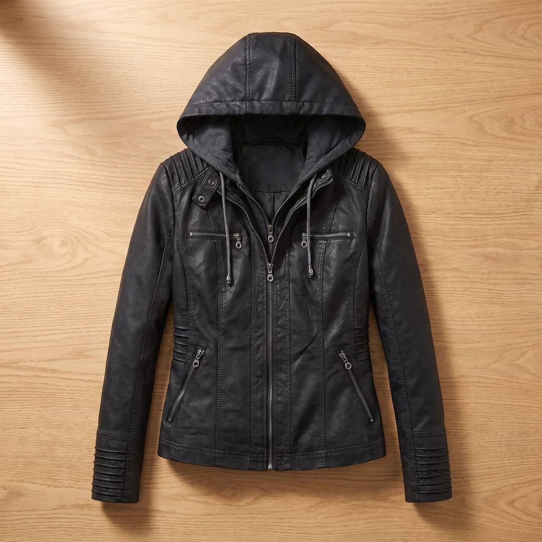 Dames Slim-Fit Leren Jas Met Afneembare Capuchon - Zwart