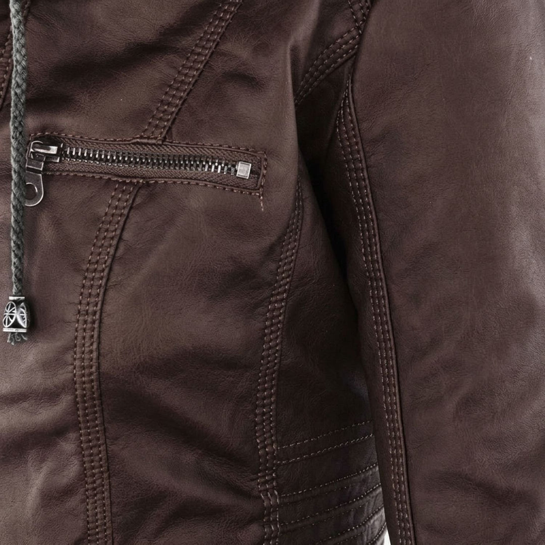 Dames Slim-Fit Leren Jas Met Afneembare Capuchon
