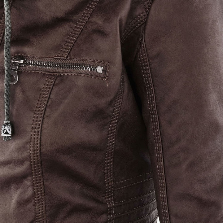 Dames Slim-Fit Leren Jas Met Afneembare Capuchon