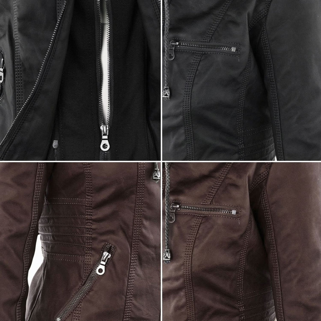 Dames Slim-Fit Leren Jas Met Afneembare Capuchon