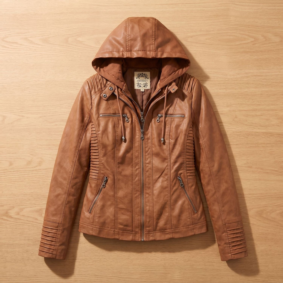 Dames Slim-Fit Leren Jas Met Afneembare Capuchon