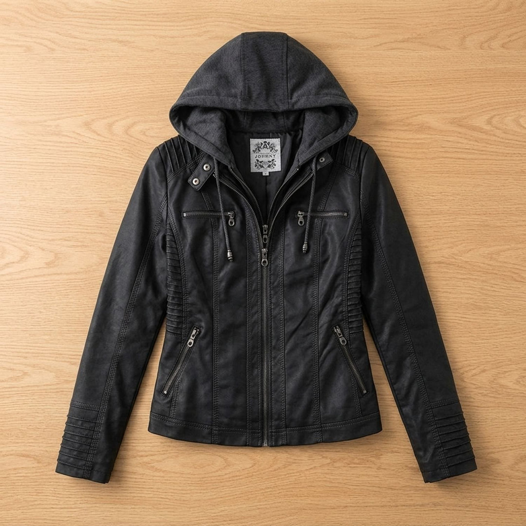 Dames Slim-Fit Leren Jas Met Afneembare Capuchon