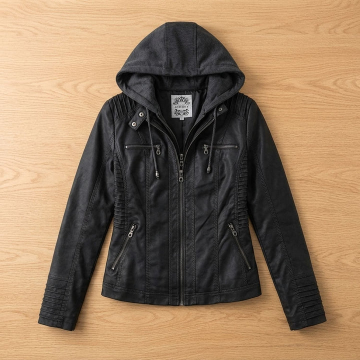 Dames Slim-Fit Leren Jas Met Afneembare Capuchon