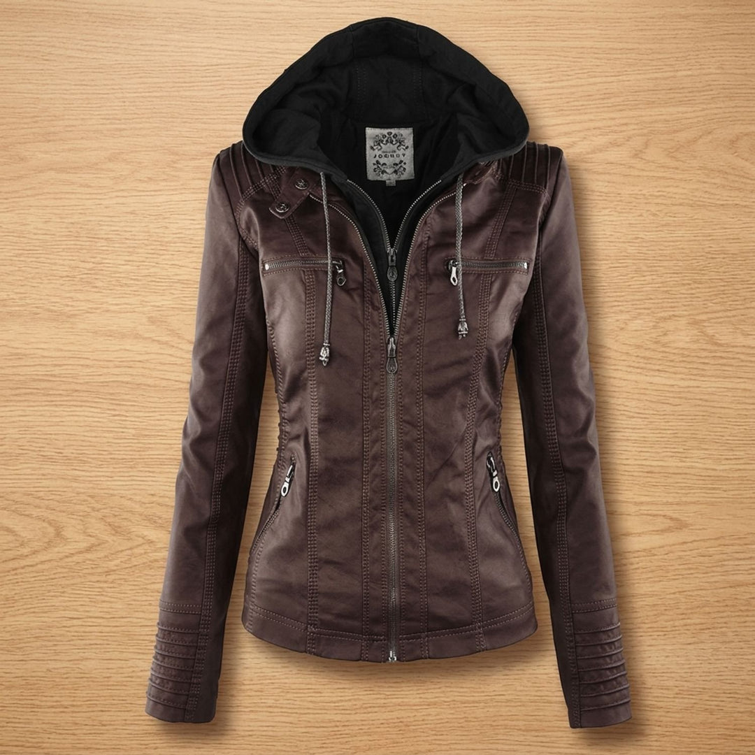 Dames Slim-Fit Leren Jas Met Afneembare Capuchon