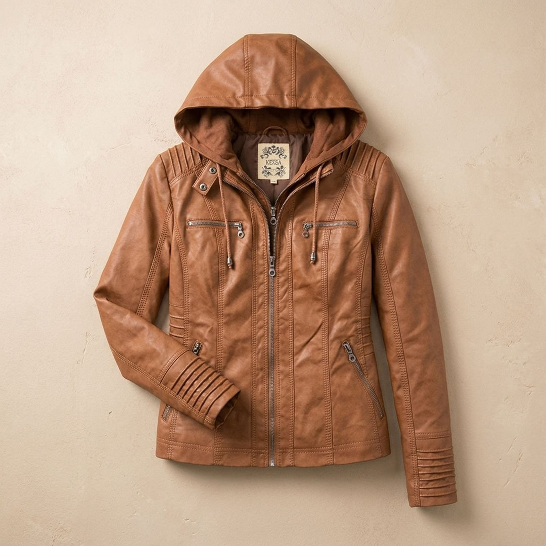Dames Slim-Fit Leren Jas Met Afneembare Capuchon