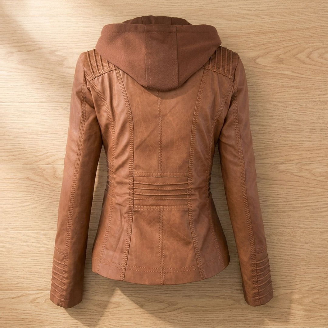 Dames Slim-Fit Leren Jas Met Afneembare Capuchon
