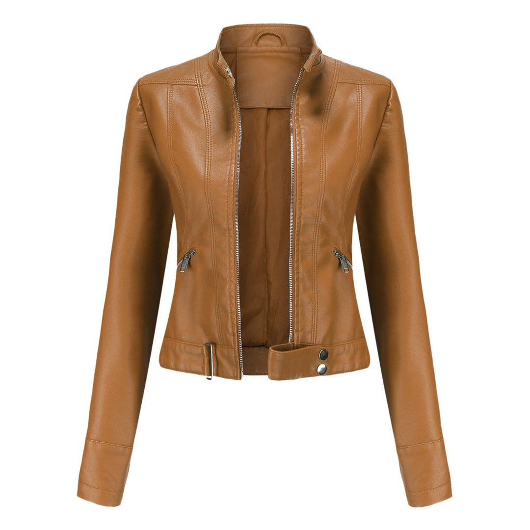 Dames Slim-Fit Ritssluiting Biker Leather Jacket - Lichtbruin