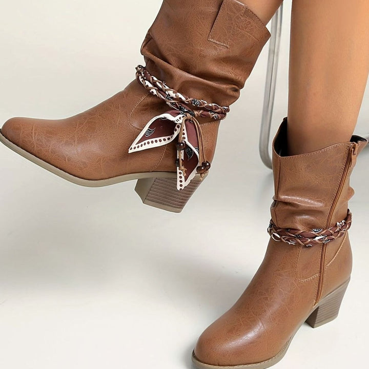 Dames Slouch Ankle Boots Western Stijl met Bandana Wikkeldetail