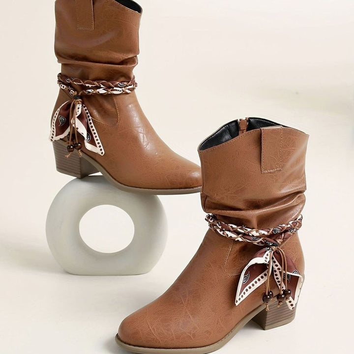 Dames Slouch Ankle Boots Western Stijl met Bandana Wikkeldetail - Lichtbruin