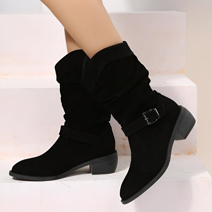 Dames Slouchy Knee High Boots Suède Instaplaarzen Blokhak - Zwart