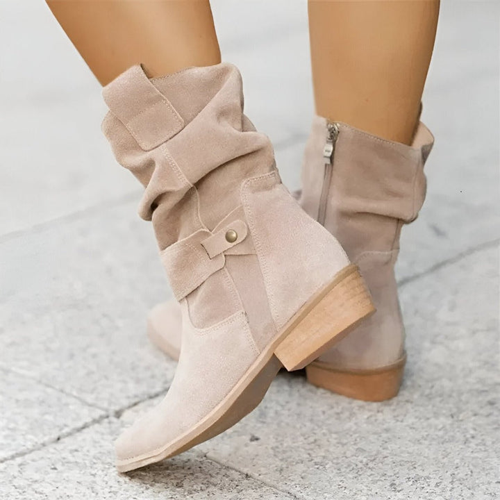 Dames Slouchy Knee High Boots Suède Instaplaarzen Blokhak - Beige