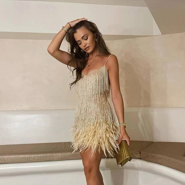 Dames Spaghettiband Franje Veren Cocktailjurk - Goud