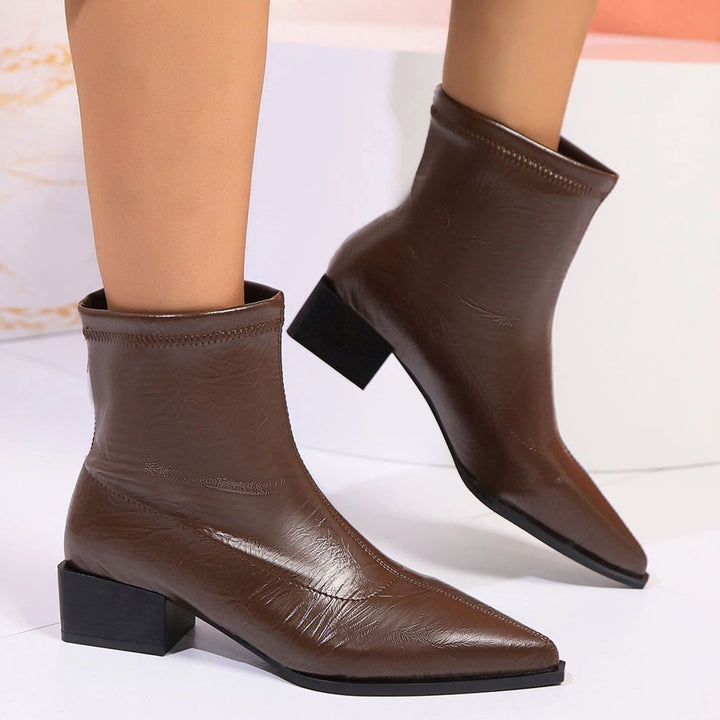 Dames Spitse Ankle Boots van Kunstleer met Blokhak - Donkerbruin