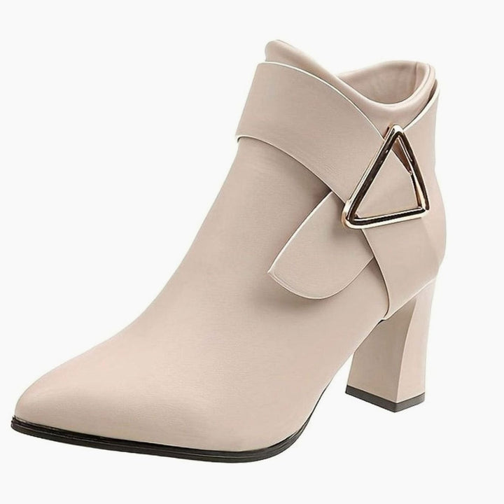 Dames Spitse Enkellaarsjes met Blokhak en Gesp - Beige