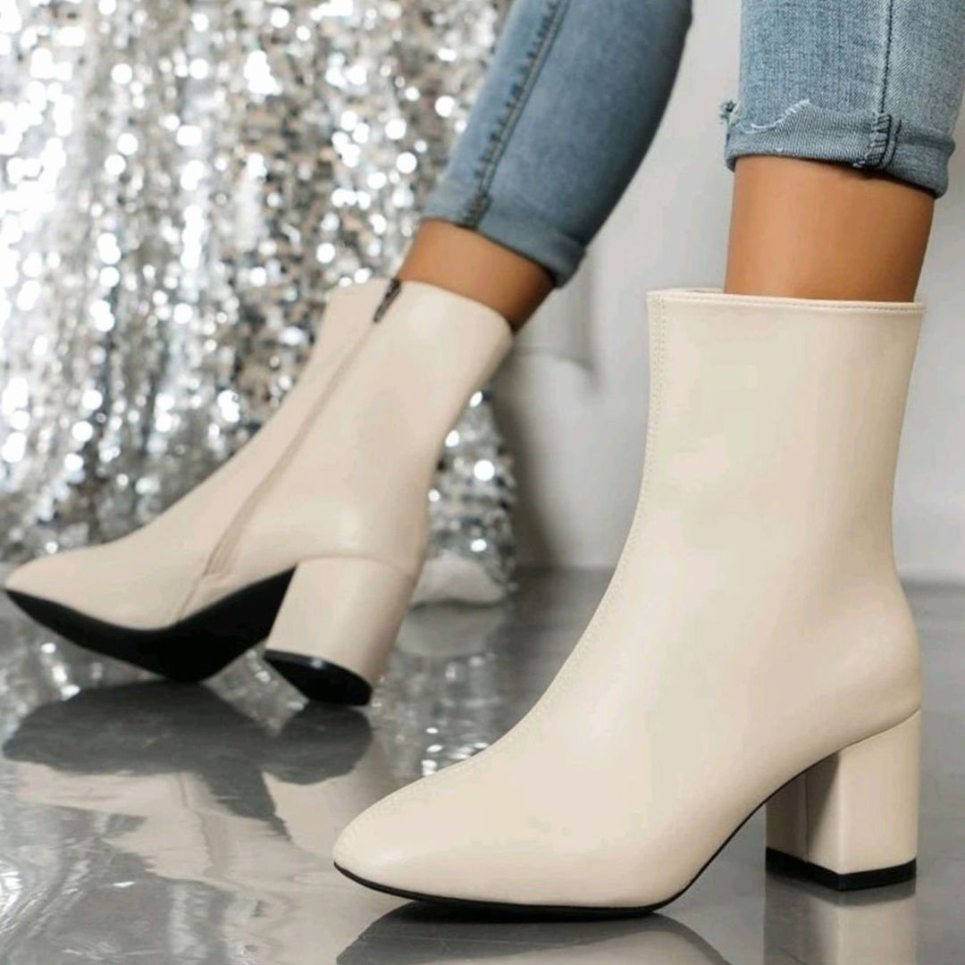 Dames Spitse Enkellaarsjes met Blokhak en Zijrits - Beige